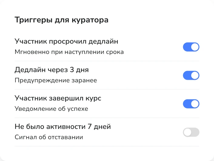 Триггеры для куратора: просрочки, завершение курса, неактивность